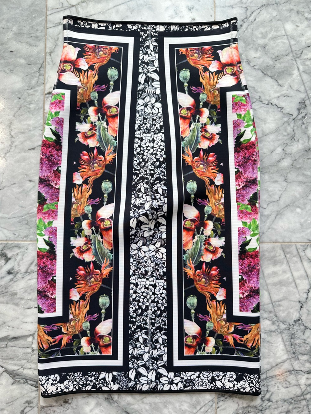 CLOVER CANYON Floral Black White Print Pencil Skirt
